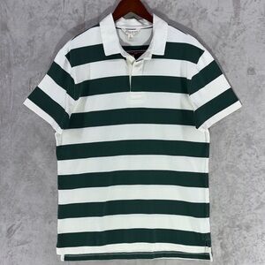 NWT--J. Crew Dark Green and White Striped Men's Rugby Polo Short Sleeve Size L